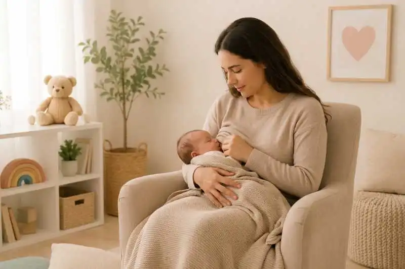 Mãe amamentando bebê com apoio pediátrico
